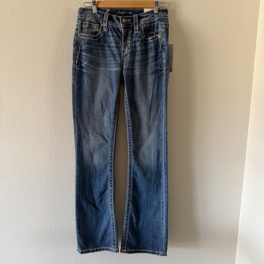 Miss Me Women Mid Rise Retro Bootcut Jeans Slim Fit Blue Western Denim 26x32 NEW